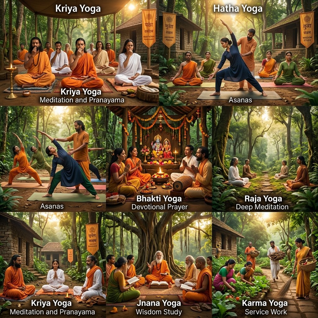 All types of yoga practiced at Satyam Yogashramam